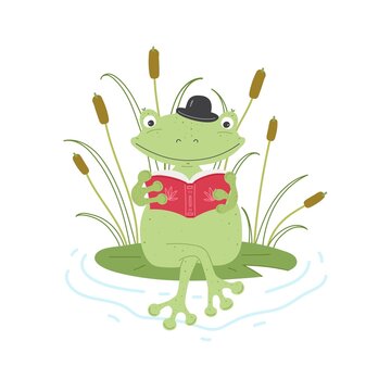 Cute frog in a hat reads a child character illustration isolated
