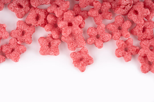 Variety Of Cold Cereals, Quick Breakfast For Kids Overhead Shot. Quick Breakfast. Chocolate Balls Isolated On A White Background. Rings Isolated On A White Background. 