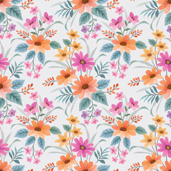 Fototapeta na wymiar Colorful flowers and leaf design seamless pattern for print fabric textile wallpaper.