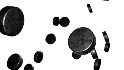 Many hockey pucks on white background. Hockey sport concept. 