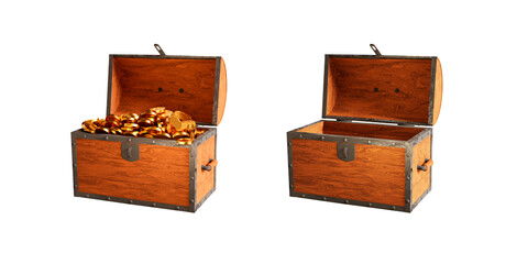 Wooden open chests with gold coins and empty. 3d rendering illustration on white isolated background.