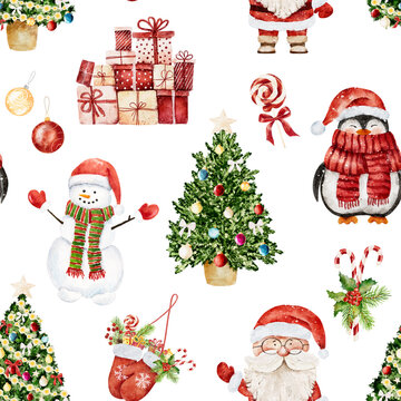 Watercolor Christmas pattern with Santa Claus, snowman, penguin and other christmas elements isolated on white background.
