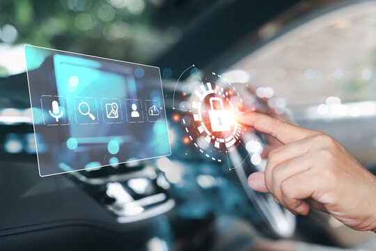 Search security and technology concept of transport business, Close up hand a man touch on the monitor screen of car with a security system and personal information of the car owner to safety