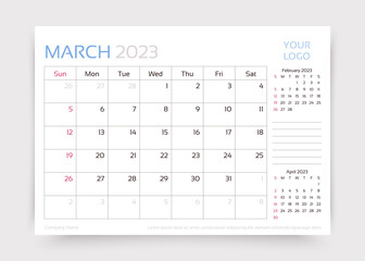 Calendar for March 2023 year. Planner calender template. Week starts Sunday. Desk corporate diary. Monthly organizer. Table schedule grid. Timetable layout. Vector simple illustration. Paper size A5