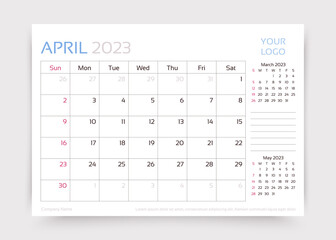 April 2023 year calendar. Planner calender template. Week starts Sunday. Desk monthly organizer. Timetable layout. Table schedule grid. Corporate diary. Vector simple illustration. Paper size A5