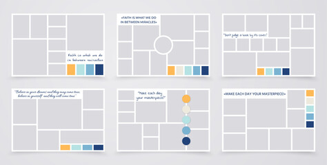 Photo collage layout. Moodboard template. Mosaic pictures album grid. Scrapbook images. Mood board background. Set photomontage frames. Vector illustration. Poster design with colour palette and quote