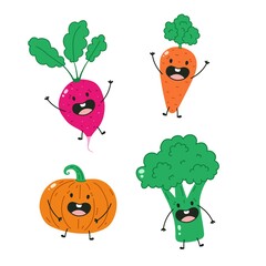 four funny vegetables with cute faces radish, carrot, pumpkin and broccoli, kids stickers