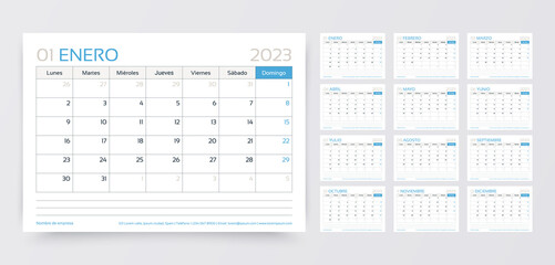 Calendar 2023 year. Spanish planner template. Week starts Monday. Desk schedule grid. Yearly corporate organizer. Calender layout with 12 month. Horizontal monthly diary. Vector simple illustration
