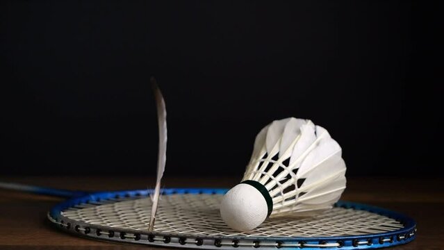 Slow motion image of feathers falling on racket with badminton balls on black background, Shuttlecock sporting event concept.