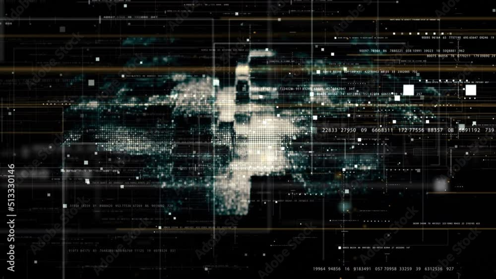 Poster Futuristic abstract de-focus flowing data matrix, meta, metaverse, telemetry and encrypt numbers display with particles simulation in cyber space environment for head up display loop background