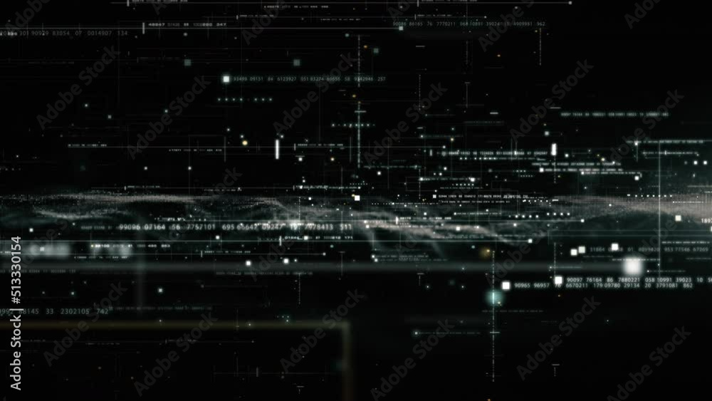 Aufkleber Futuristic abstract de-focus flowing data matrix, meta, metaverse, telemetry and encrypt numbers display with particles simulation in cyber space environment for head up display loop background
