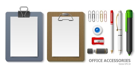 Realistic office clipboards. Paper white sheets holders, different page mounts, 3d office supplies. Pen, pencil and marker, colorful paper clips, rubber band and sharpener, utter vector set