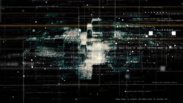Futuristic abstract de-focus flowing data matrix, meta, metaverse, telemetry and encrypt numbers display with particles simulation in cyber space environment for head up display loop background