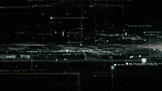 Futuristic abstract de-focus flowing data matrix, meta, metaverse, telemetry and encrypt numbers display with particles simulation in cyber space environment for head up display loop background