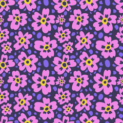 Seamless vector floral pattern with abstract pink flowers. Bright colorful texture for prints, fabrics and backgrounds. Surface design. Cold color palette. Hand drawn flat doodle illustration 