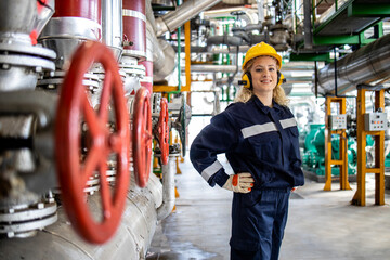 Portrait of female refinery worker standing by gas pipelines in petrochemical factory.