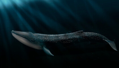 A large blue whale swims underwater. Vit in its natural habitat. © Алексей Ромадов