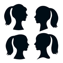 Set Silhouette of young womens in profile with ponytail hairstyle.Vector illustration.Default avatar profile icon.EPS10.