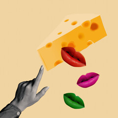 Human hand holds cheese and red lips. Modern art collage, contemporary design. Surreal concept poster.