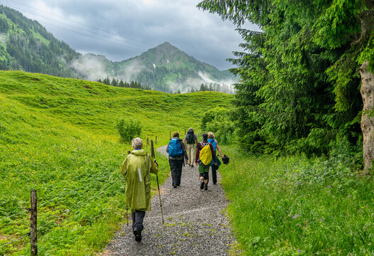 Urlaub im Kleinwalsertal: Wandern einer Gruppe auch bei Regen, schlechtem Wetter in Österreich, Bayern - Nähe Riezlern, Mitteregg