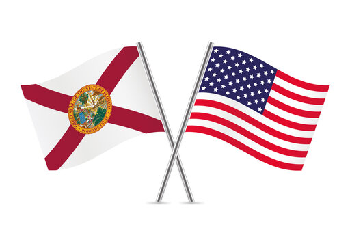The state of Florida and America crossed flags. Floridian and American flags on white background. Vector icon set. Vector illustration.