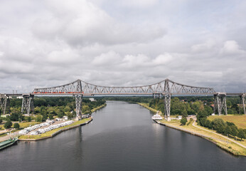 Train on the Rendsburg High Bridge (Rendsburger Hochbrücke) - railway viaduct of Neumünster–Flensburg line