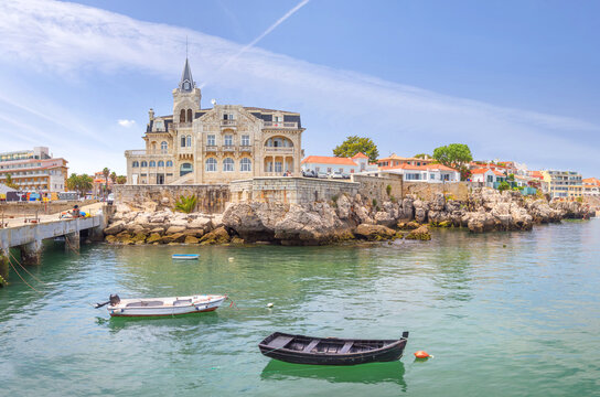 Cascais near Lisbon, seaside town. The house in the center is the Seixas Palace, built on the ocean at the beginning of the 20th century. Portugal