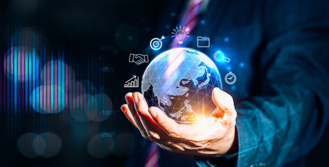 Businessman hand holding globe with digital icons of marketing, financial, banking and big data