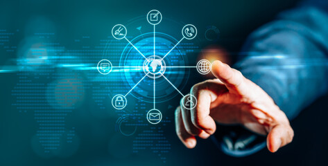 Obraz premium Businessman's hand and Virtual Screen icons display digital marketing, financial, banking and big data