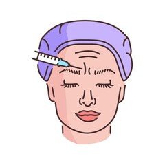 Botulinum wrinkle therapy between the eyebrows color line illustration. Hyaluronic injection.