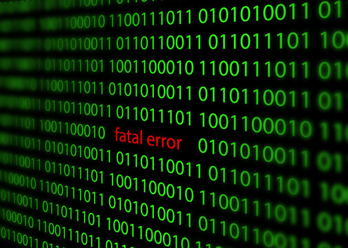 Fatal error red color inscription among digital code on a black background.