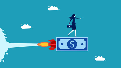 Fast money on a rocket. spending money. The concept of a cashless society. vector illustration
