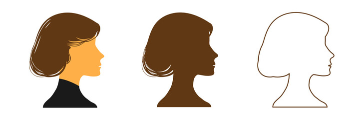 Set of vector solid and outline silhouettes.Woman in profile on an isolated background.Default avatar profile.EPS10.