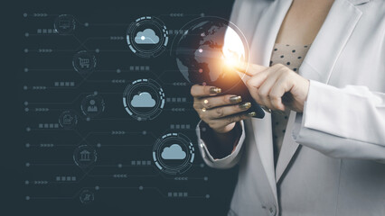 Cloud technology data storag concept, woman's hand using a smartphone to use, backup, store in Cloud Data storag as an online connection. Files can be retrieved at any time. convenient and safe