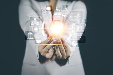 Innovation technology concept  womanHands holding light bulb for Concept new idea concept with innovation and inspiration,