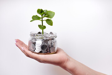 Girl holding in her hands a young plant in a glass jar with coins on white background as a concept for investing and saving