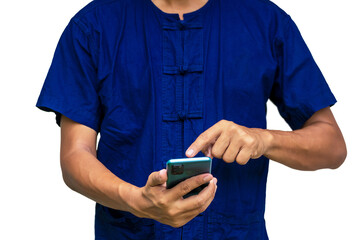 farmer wearing a mohom shirt standing  holding phone with clipping path.Morhom shirt is a unique identity of Thailand.
