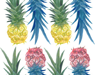 Summer bright horizontal seamless border of ripe yellow pineapples on a white background