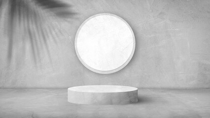 Stand showcase display products with shadow leaves well editing display products on stage and text present on free space