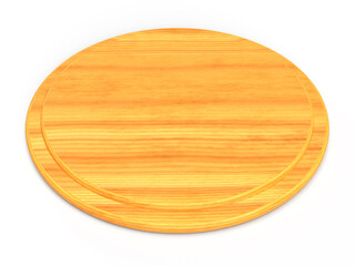 ピザを乗せる円い木のお皿。3Dレンダリングされた円形の木製トレイ。