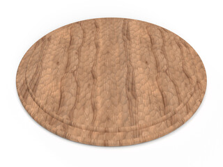 ピザを乗せる円い木のお皿。3Dレンダリングされた円形の木製トレイ。