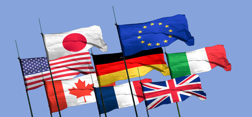 flags The Group of Seven (G7) is an inter-governmental political forum consisting of Canada, France, Germany, Italy, Japan, the United Kingdom and the United States. In addition, the European Union - obrazy, fototapety, plakaty