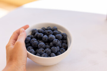 Womans hand holding plate with fresh blueberries.