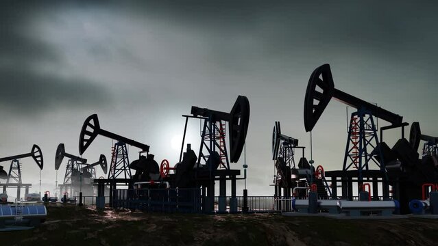 Oil pump, oil industry equipment, drilling derricks silhouette from oil field at sunset. Energy supply crisis, power supply, energy crisis. 3D rendering 4K animation. 