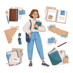 The girl is a student with a notebook in her hands. Notebooks and office supplies.