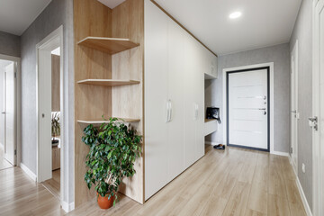 Entrance hall in a new apartment with a white wardrobe