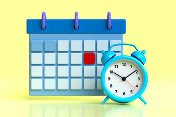 Alarm Clock Minimal Cartoon Style Design. Day Month Year Time Concept. Website Banner. 3d Rendering