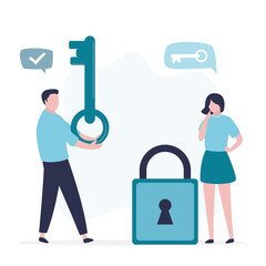 Woman stands near closed padlock and thinks. Difficulty making decisions, uncertainty. Confident businessman or partner gives big key. Assistance in work, choosing right path of development,