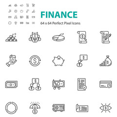 set of finance line icons, money, bank, economy