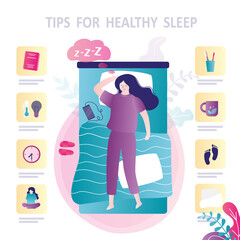 Infographic with tips for healthy sleep. Prepare comfortable sleeping conditions. Recommendations for better sleep at night